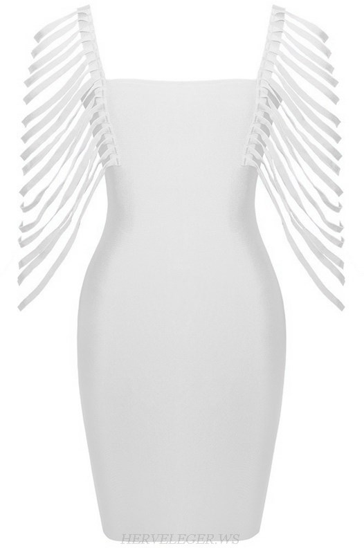 Herve Leger White Fringe Sleeve Bandage Dress