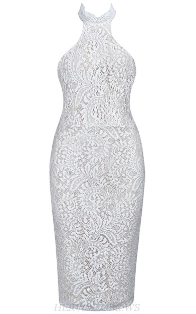 Herve Leger White Nude Halter Crochet Bandage Dress