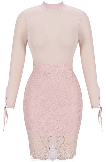 Herve Leger Pink Long Sleeve Mesh Lace Bandage Dress