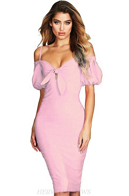 Herve Leger Pink Puff Sleeve Bardot Bandage Dress