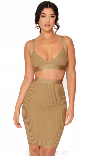 Herve Leger Brown Ribbed Two Piece Bandage Dress