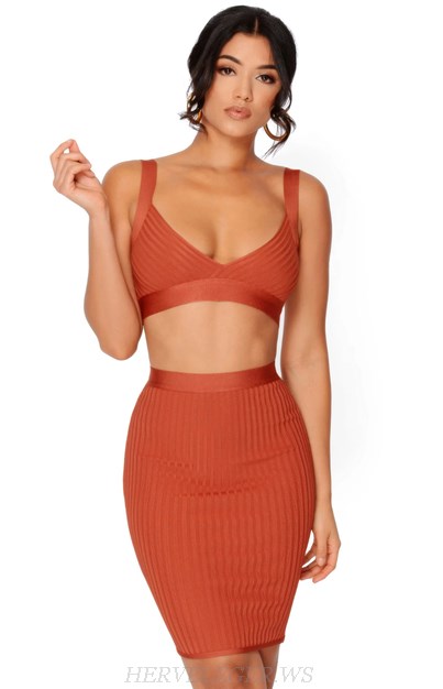Herve Leger Rust Ribbed Two Piece Bandage Dress