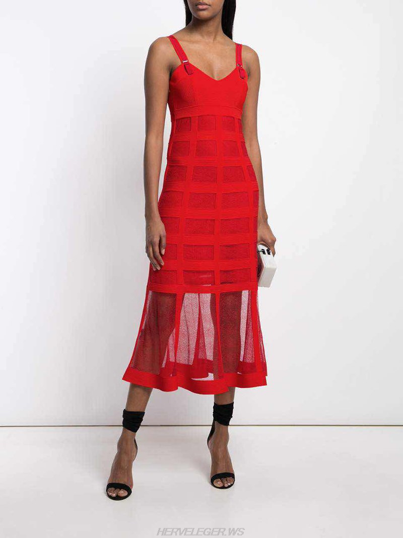 Herve Leger Red A Line Mesh Dress Herve Leger Red A Line Mesh Dress