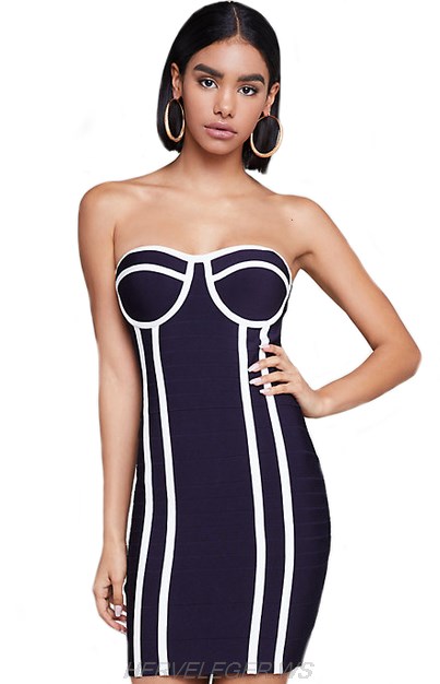 Herve Leger Blue White Bandeau Bustier Dress