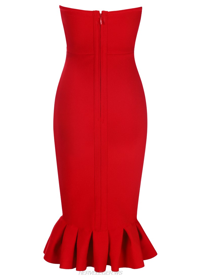 Herve Leger Red Bandeau Cut Out Fluted Dress