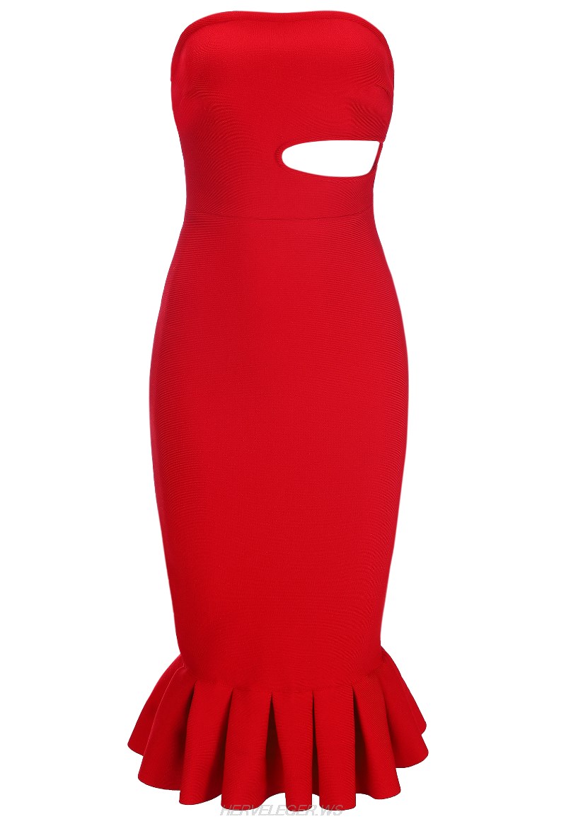 Herve Leger Red Bandeau Cut Out Fluted Dress