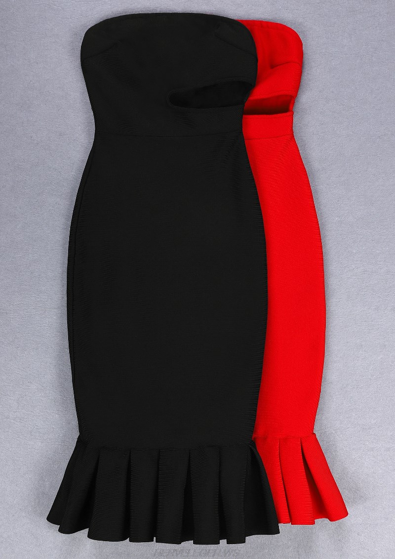 Herve Leger Red Bandeau Cut Out Fluted Dress