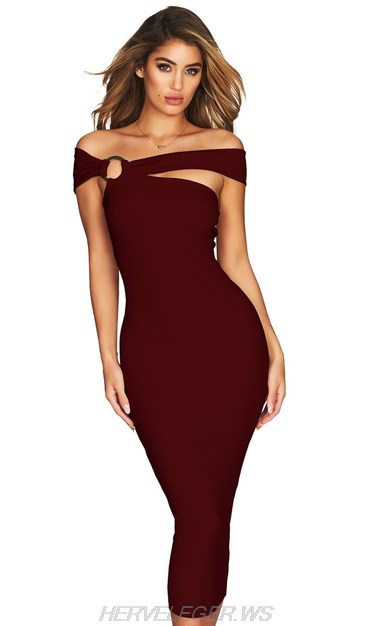 Herve Leger Burgundy Bardot Asymmetric Dress Herve Leger Burgundy Bardot Asymmetric Dress