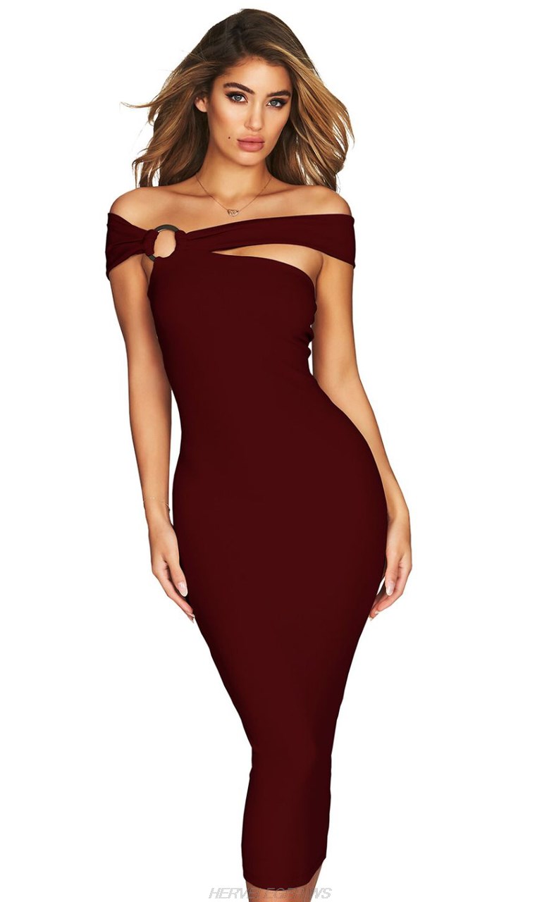 Herve Leger Burgundy Bardot Asymmetric Dress