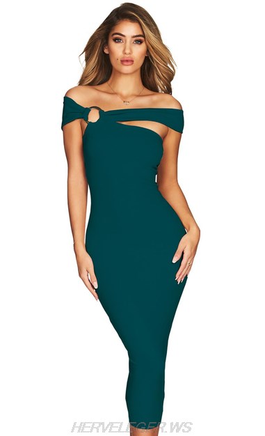 Herve Leger Green Bardot Asymmetric Dress