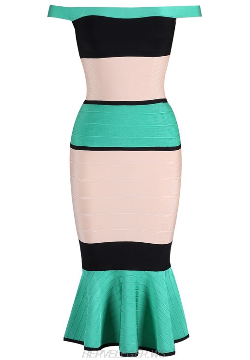 Herve Leger Bardot Colorblock Fluted Dress