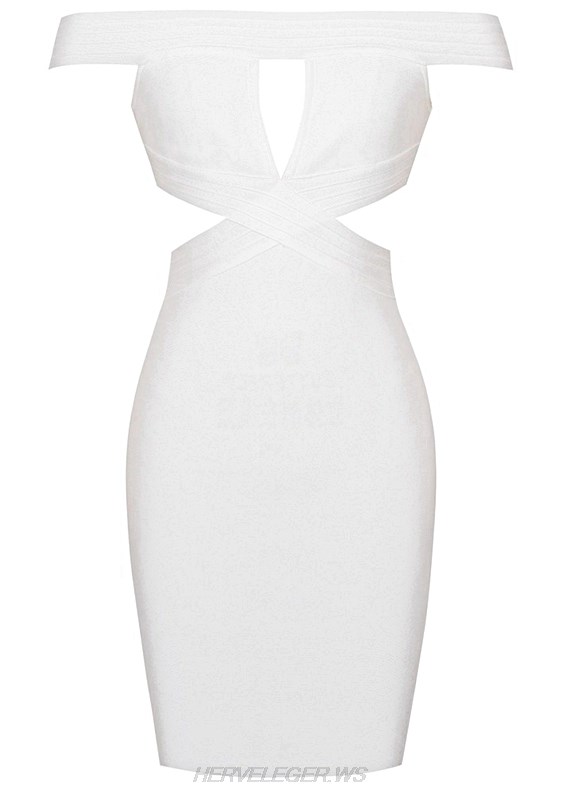 Herve Leger White Bardot Cut Out Dress