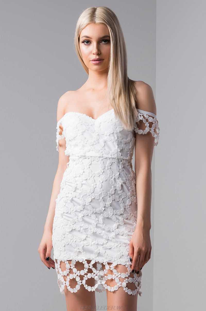 Herve Leger White Crochet Bardot Dress