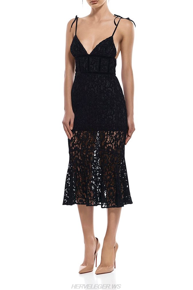Herve Leger Black Lace Fluted Dress