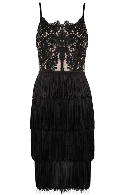 Herve Leger Black Lace Tassel Detail Dress