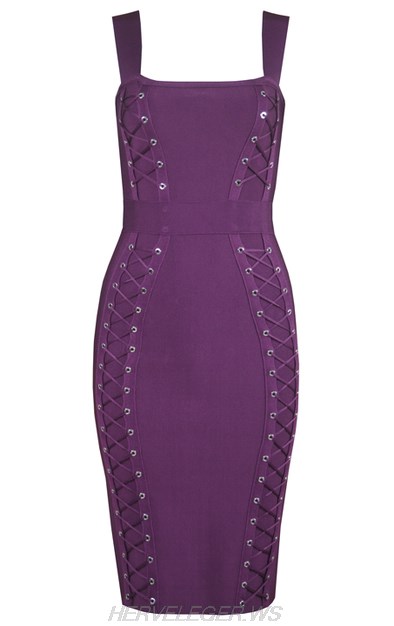 Herve Leger Purple Lace Up Dress