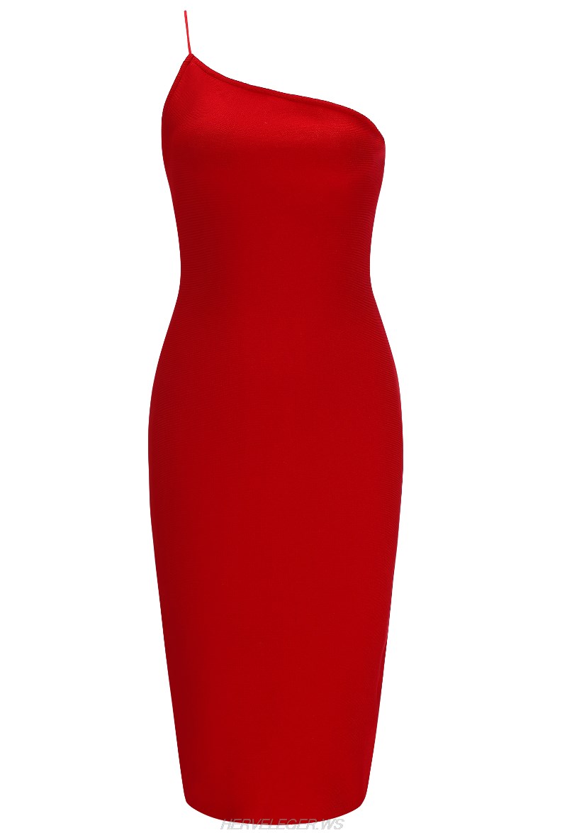 Herve Leger Red One Shoulder Dress