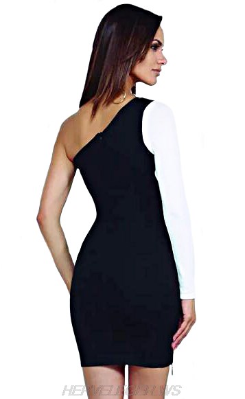 Herve Leger Black White One Shoulder Zipper Dress