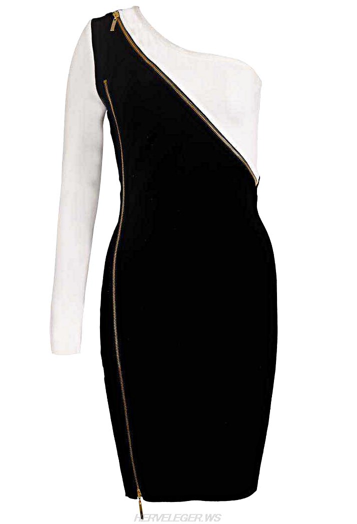 Herve Leger Black White One Shoulder Zipper Dress
