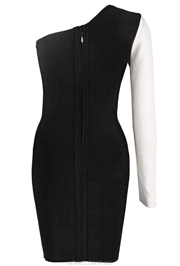 Herve Leger Black White One Shoulder Zipper Dress