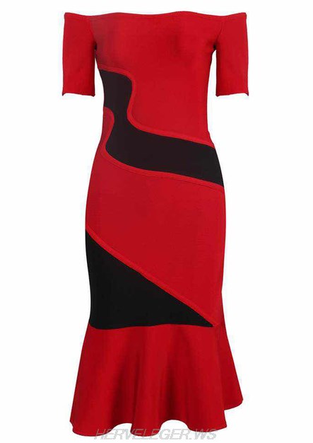 Herve Leger Red Short Sleeve Bardot Fluted Dress
