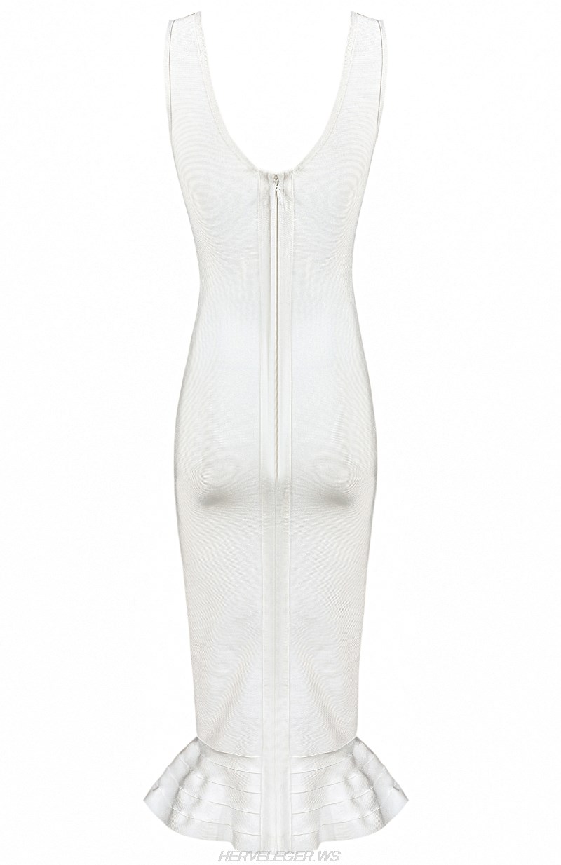 Herve Leger White Strappy Fluted Dress