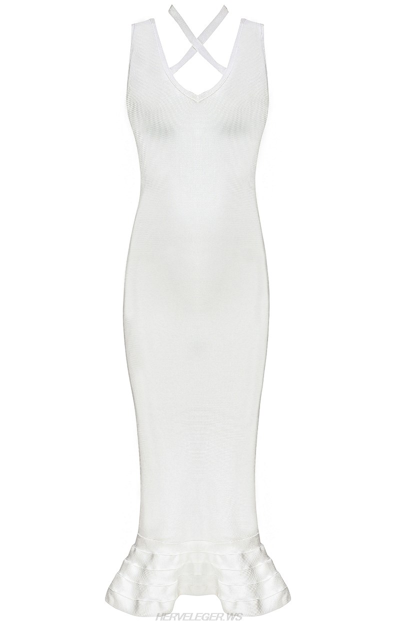 Herve Leger White Strappy Fluted Dress