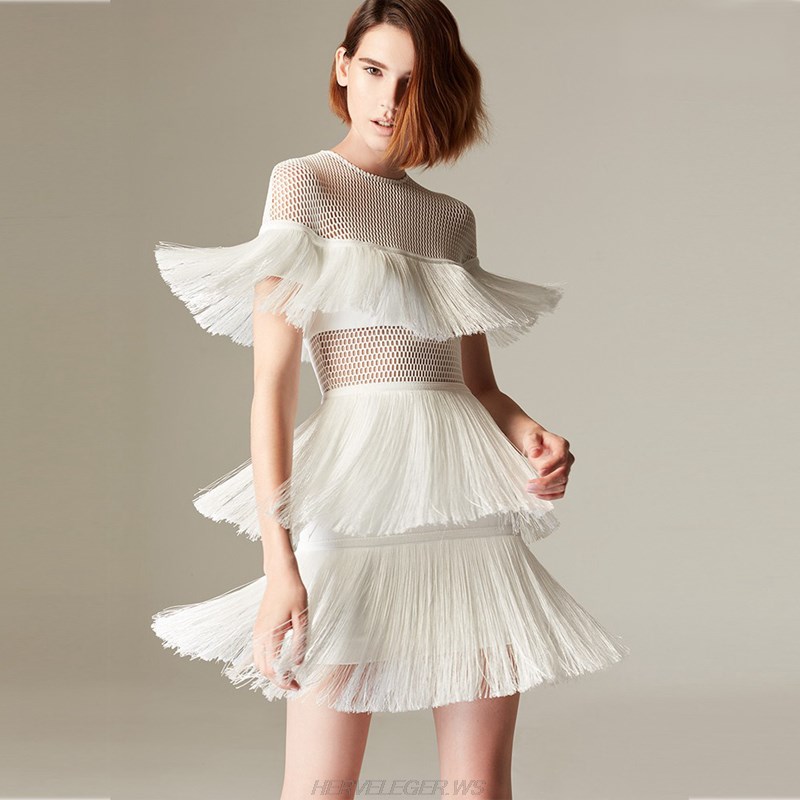 Herve Leger White Tassel Crochet Dress