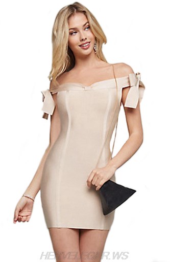 Herve Leger Nude Tie Bardot Dress