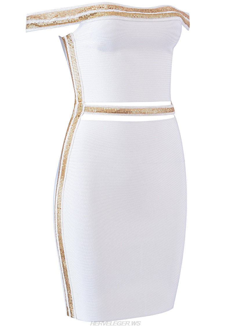 Herve Leger White Strapless Gold Bardot Dress