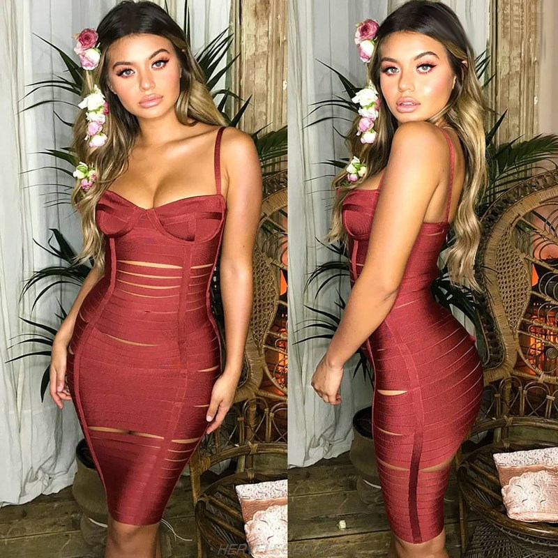 Herve Leger Rust Halter Bustier Cut Out Dress