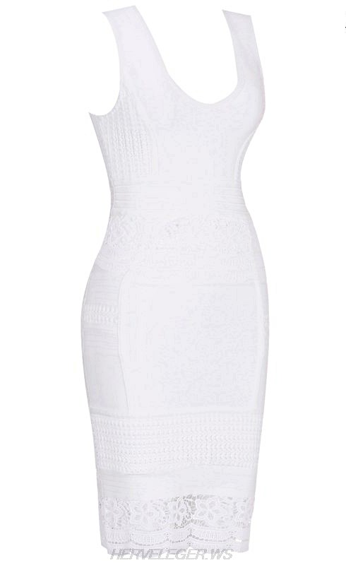 Herve Leger White Crochet Hem Dress
