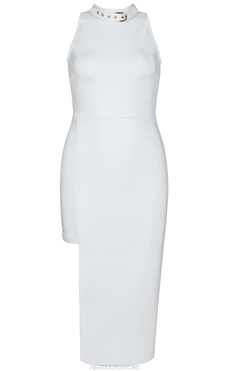 Herve Leger White Halter Slit Dress
