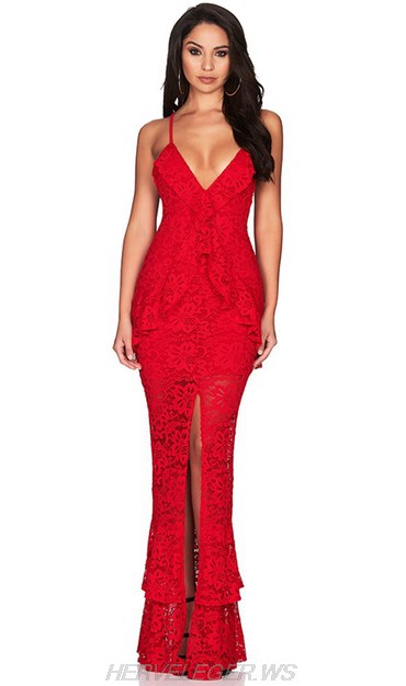 Herve Leger Red Lace Gown