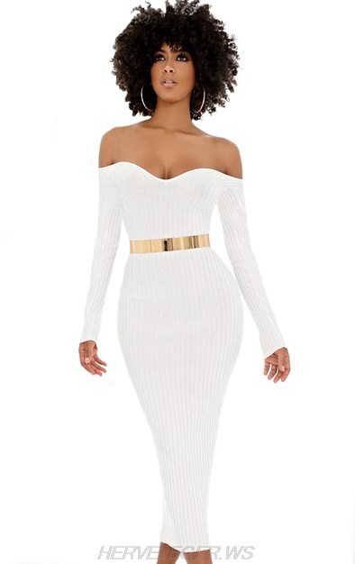Herve Leger White Strapless Long Sleeve Ribbed Dress
