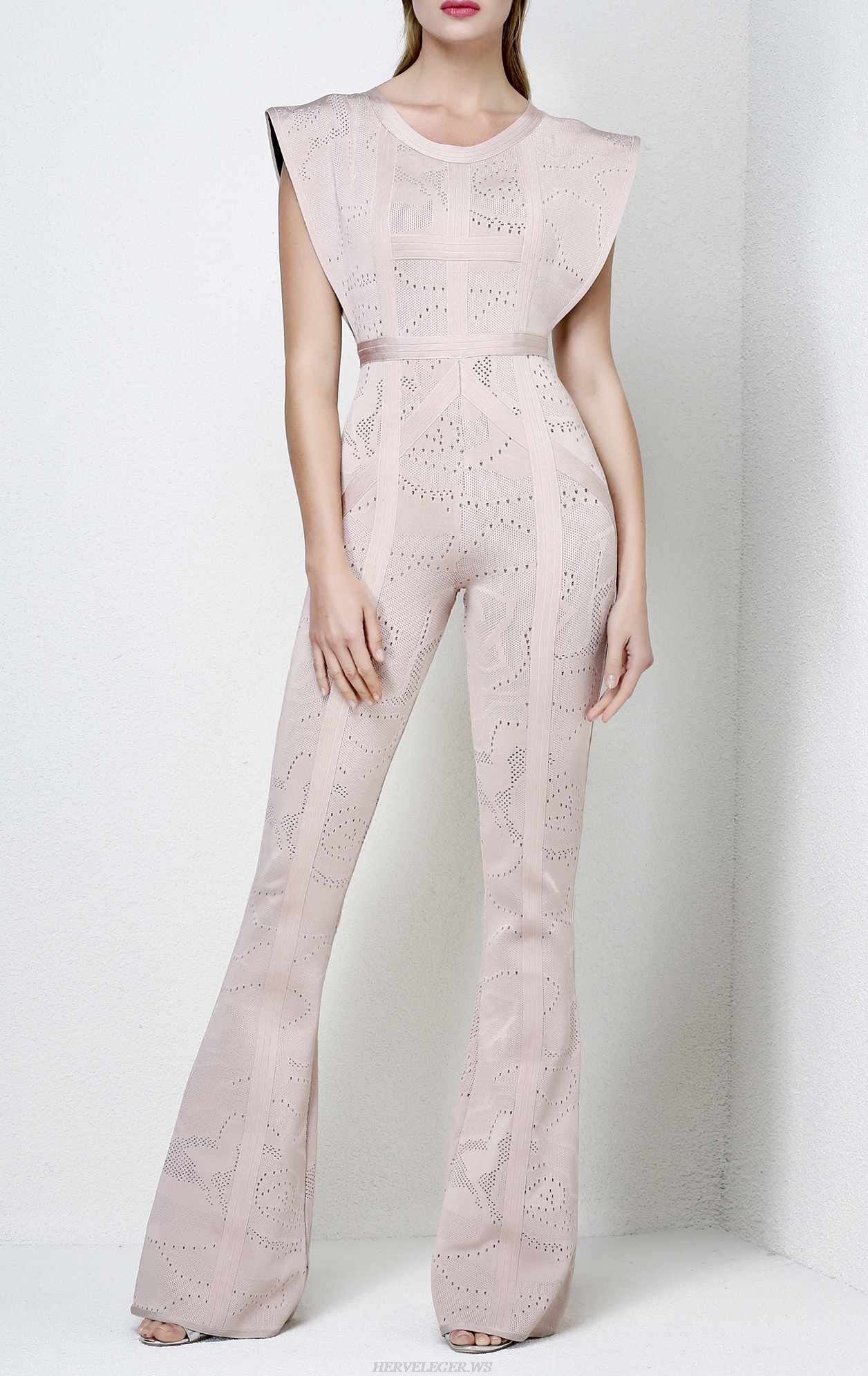 Herve Leger Kasie Rose Multi Texture Plaited Jacquard Jumpsuit