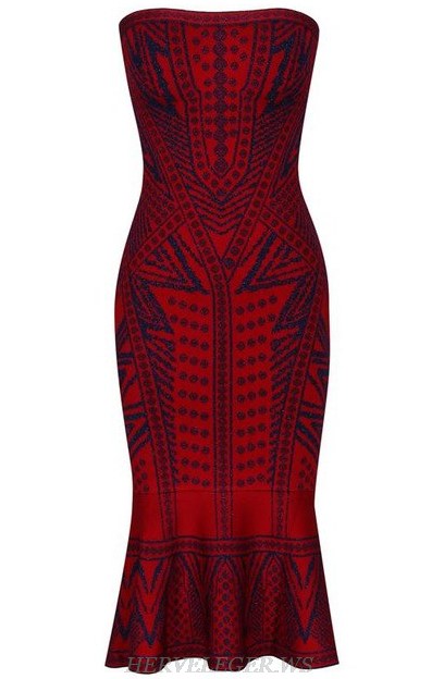 Herve Leger Red Blue Bandeau Fluted Print Bandage Strapless Dress