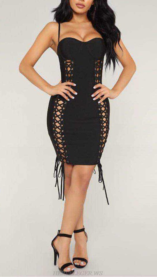 Herve Leger Black Bustier Double Lace Up Bandage Dress