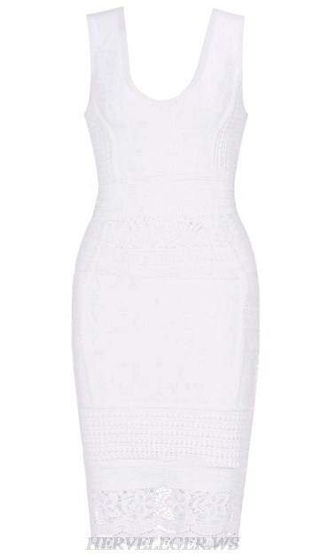 Herve Leger White Crochet Hem Bandage Dress