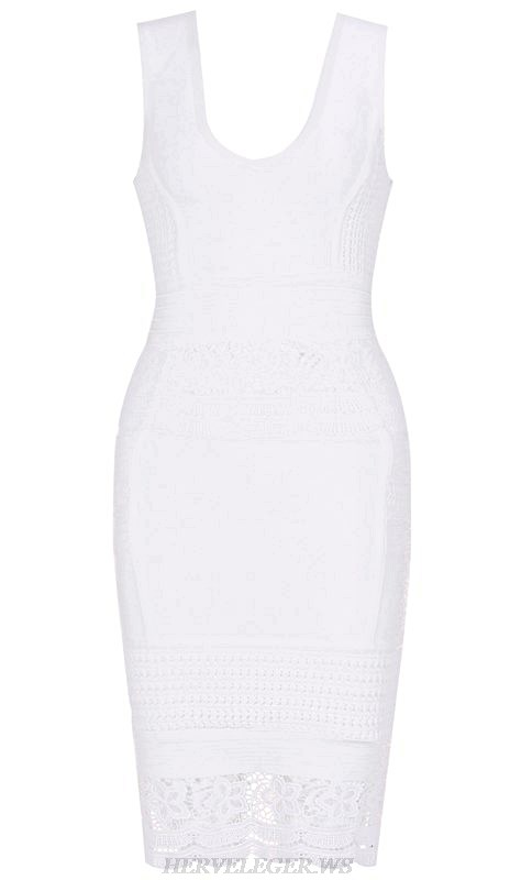 Herve Leger White Crochet Hem Bandage Dress
