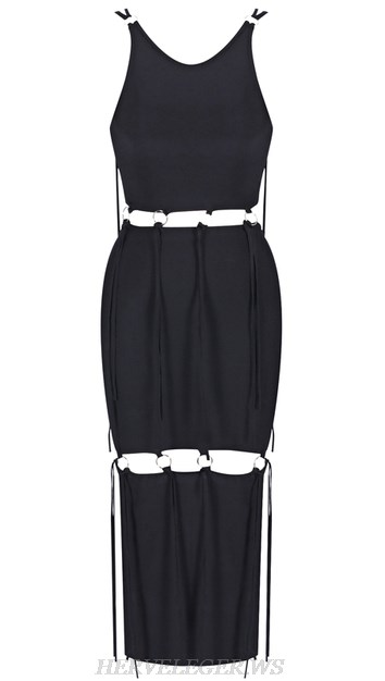 Herve Leger Black Cut Out Fringe Bandage Dress