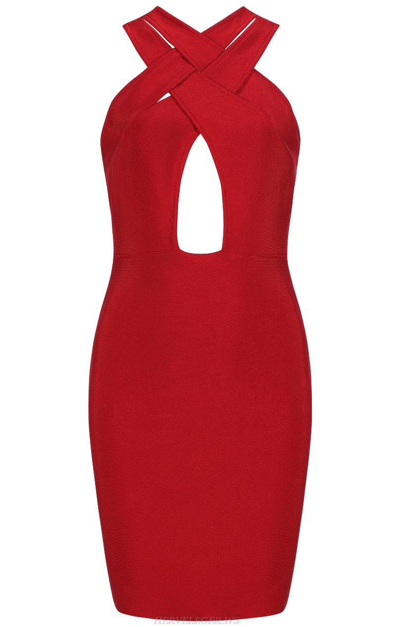 Herve Leger Red Halter Cut Out Bandage Dress