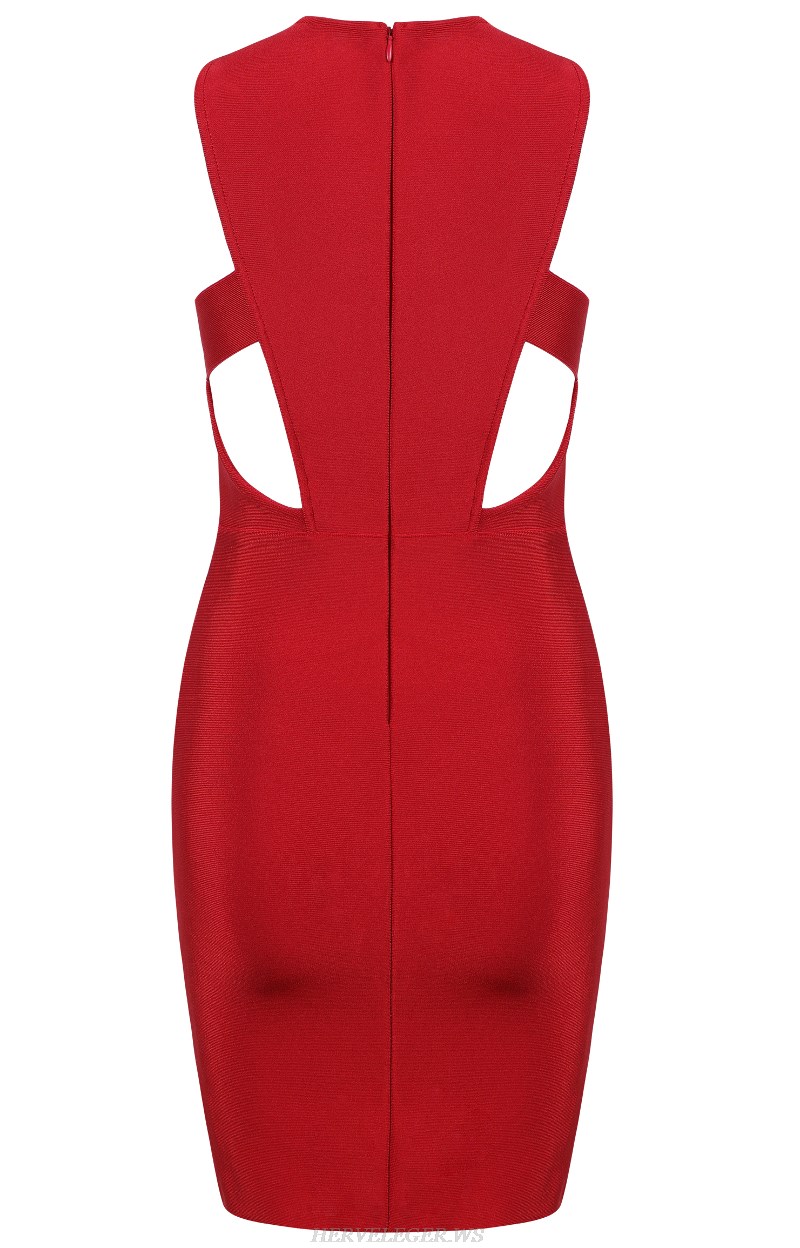 Herve Leger Red Halter Cut Out Bandage Dress