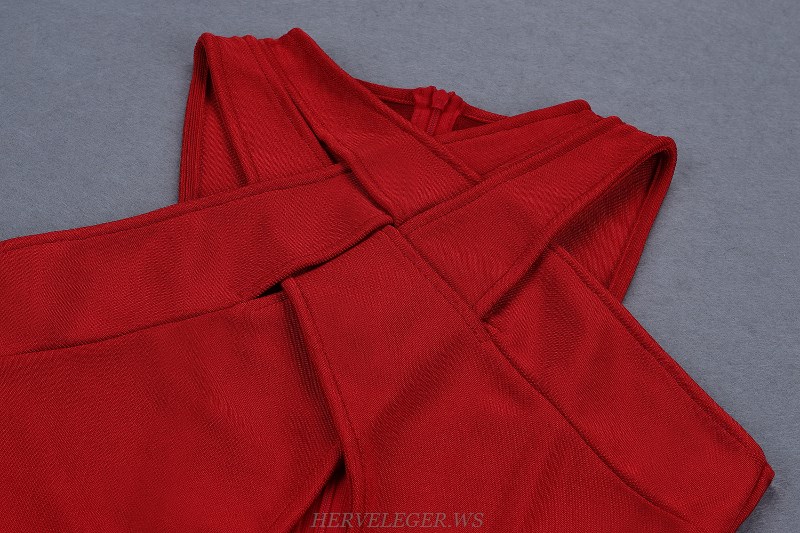 Herve Leger Red Halter Cut Out Bandage Dress