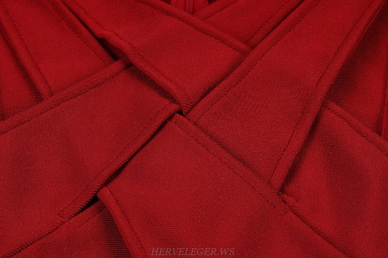 Herve Leger Red Halter Cut Out Bandage Dress