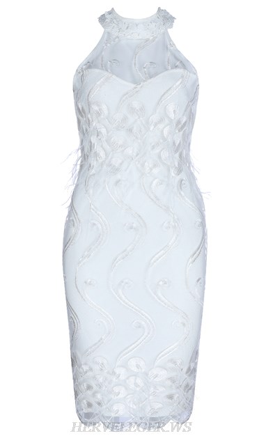 Herve Leger White Halter Embroidered Bandage Dress