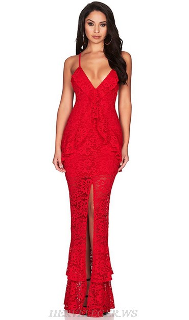 Herve Leger Red V Neck Lace Gown