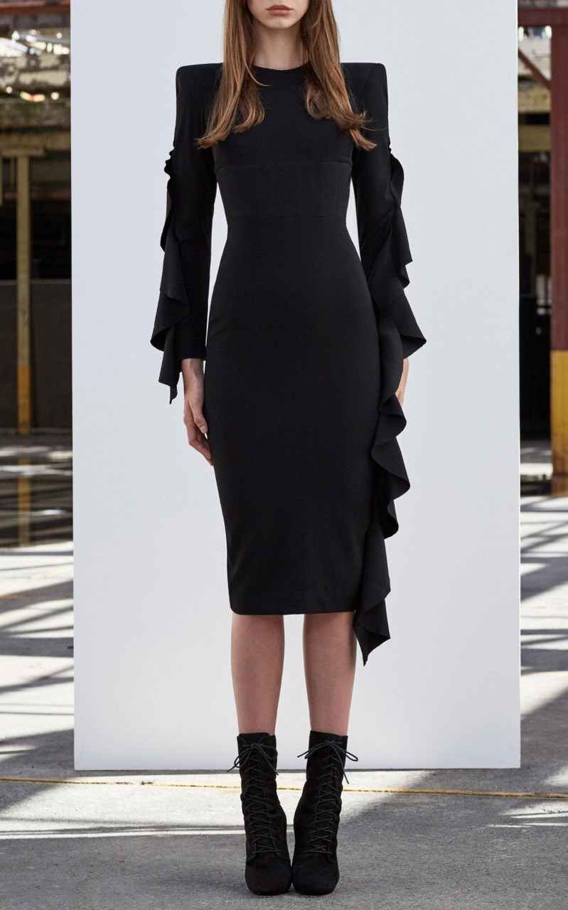 Herve Leger Black Long Sleeve Frill Detail Bandage Dress