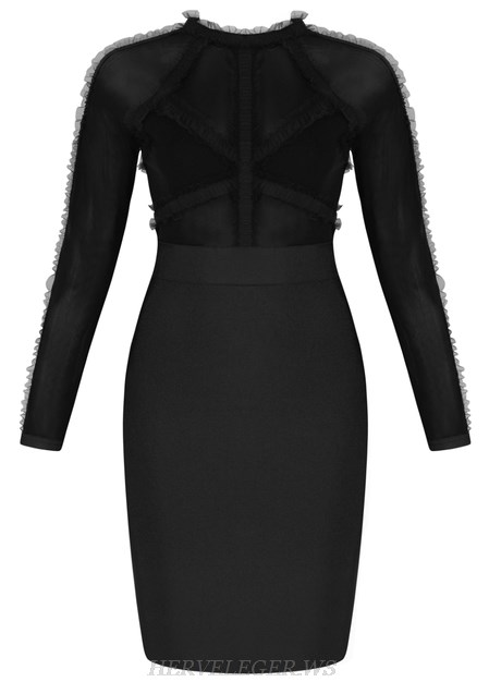 Herve Leger Black Long Sleeve Mesh Frill Bandage Dress