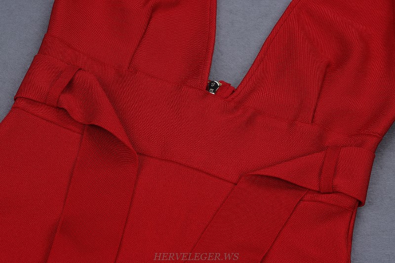 Herve Leger Red V Neck Plunge Fluted Bandage Stars Dress